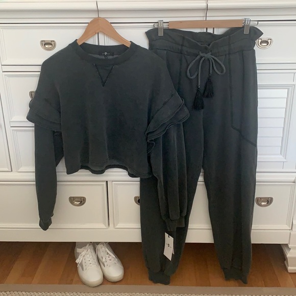 🥰 Lounge Set Ruffle Crop High Waist Jogger 7forallmankind - Picture 3 of 11